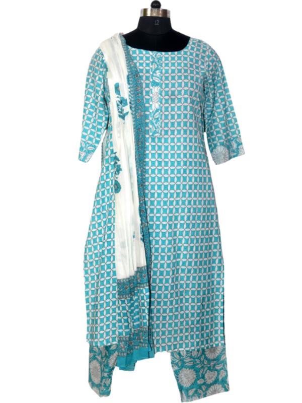 Blue Checks Printed Set With Dupatta - 2406